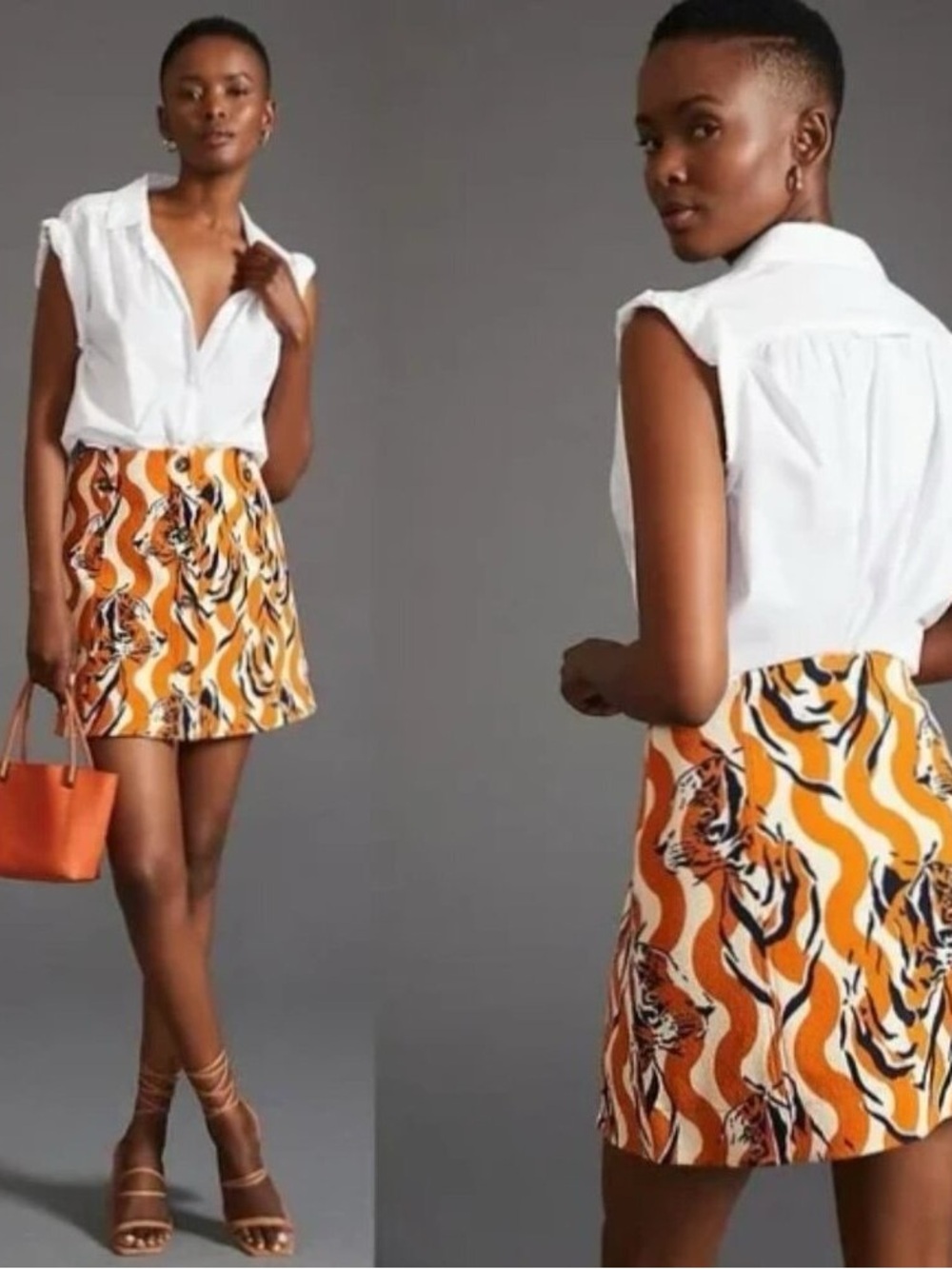 Maeve by Anthropologie Orange and White Tiger-Print Mini Skirt